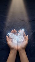 Cupped hands holding glowing translucent butterfly with magical sparkles in dramatic spotlight beam on dark textured surface for spiritual transformation concepts.