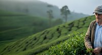 Mature male farmer in casual work attire inspecting lush green tea plantation on hillside, agricultural landscape with misty mountains in background for farming and agriculture concepts.