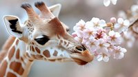 Giraffe eating delicate pink cherry blossoms in spring, wildlife animal portrait with soft bokeh background for nature and seasonal content.