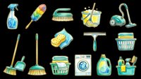 Cleaning supplies and household chores icons set isolated on transparent background. Includes spray bottle, feather duster, brush, squeegee, vacuum, laundry basket, washing machine, detergent and more. Ready for t-shirt design, clipart, stickers and print-on-demand projects.