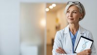 Confident mature Caucasian female doctor in white coat holding tablet in modern hospital corridor, healthcare professional with crossed arms.