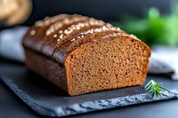 Fresh sliced dark rye bread loaf with sesame seeds on black slate board, close up view of homemade artisanal bakery product with soft texture and crust.