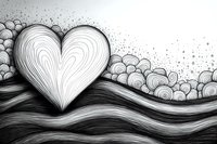 Monochrome heart illustration with flowing lines and abstract waves, surrounded by decorative swirls and dots on white background. Romantic art concept.
