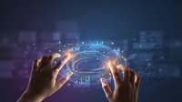 Hands holding glowing holographic data visualization with charts and graphs in futuristic digital interface for business analytics and technology presentations.