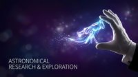 Scientist hand holding glowing neon telescope with sparkling light particles on dark purple background for astronomical research and space exploration projects.