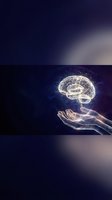 Glowing digital brain floating above open human hands with light particles on dark purple background representing artificial intelligence and innovation.