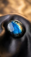 Polished labradorite gemstone with brilliant blue flash resting on dark silk fabric displaying natural iridescent properties and mineral crystal structure.