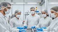 Team of pharmaceutical workers in protective gear examining product in sterile laboratory environment for quality control and safety testing.