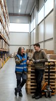 Two warehouse workers having friendly conversation near wooden pallets in modern distribution center with high shelving and industrial lighting.