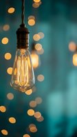 Vintage Edison bulb hanging on cord with warm filament glow against teal background with golden bokeh lights creating cozy atmospheric lighting mood.