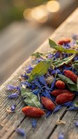 Dried goji berries and blue cornflower petals scattered on rustic wooden surface with warm bokeh lights creating cozy herbal tea and wellness atmosphere.