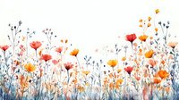 Delicate watercolor wildflowers in coral, orange and blue tones create dreamy meadow scene against white background, suitable for wall art, textile prints and stationery design.
