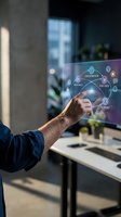 Businessman touching interactive holographic interface with customer journey icons in modern office workspace for digital marketing and business strategy.