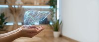 Holographic liver organ floating above open palms in modern medical office setting for healthcare technology and digital medicine concepts.