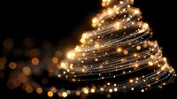 Abstract golden Christmas tree made of glowing light trails and bokeh particles on dark background for holiday decorations and festive designs.