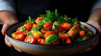 Fresh roasted cherry tomatoes with herbs in rustic bowl held by chef hands. Colorful vegetarian dish with basil and dill garnish for cooking content.