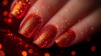 Red manicured nails with golden glitter sparkle on dark background with bokeh lights. Luxury nail art design showcases festive glamour and elegance.