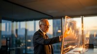 Senior businessman analyzing financial data on futuristic holographic display in modern office during golden hour sunset with city skyline background.