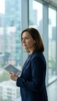 Professional businesswoman in navy suit holding tablet by office windows overlooking city skyline for corporate presentations and executive meetings.