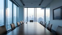 Modern corporate boardroom with large conference table and city skyline view through floor-to-ceiling windows for business meetings and presentations.