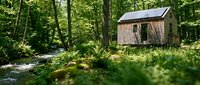 Rustic wooden cabin nestled in lush forest with flowing stream, surrounded by dense green trees and moss-covered ground, ideal for nature retreats and woodland getaway concepts.