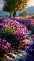 Vibrant purple lavender field at sunset with mountains in background, creating serene countryside landscape for wellness and nature concepts.