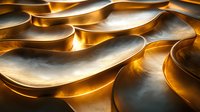 Luxurious golden waves create dynamic abstract pattern with light and shadow interplay. Metallic curved shapes form flowing modern background for luxury design.