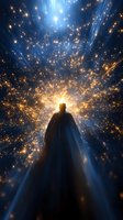 Silhouette of a person in cape against cosmic light explosion with glowing particles and rays creating magical atmosphere for fantasy book covers and posters.