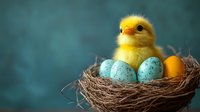 Adorable yellow baby chick sitting in woven nest with speckled blue eggs on soft teal background for Easter spring holiday greeting cards and decorations.
