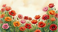 Watercolor poppy field with vibrant red, orange, and pink blooms on a soft beige background, perfect for greeting cards and wall art.
