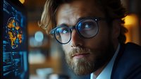 Young bearded Caucasian male programmer in glasses analyzing code on computer screen in modern office environment with warm ambient lighting.