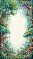 Enchanted forest frame with magical trees, mushrooms and vines creating ornate border for fairy tale designs and fantasy storytelling projects.