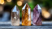 Three healing crystal points - smoky quartz, citrine, and amethyst - arranged on wooden surface with soft bokeh background creating magical spiritual atmosphere.