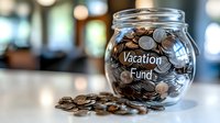 Glass jar filled with coins labeled as vacation fund against blurred background, symbolizing financial planning and saving money for travel and leisure goals.