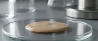 Wooden disc resting on transparent glass petri dish in laboratory setting with blurred scientific equipment in background, suitable for research, science, and medical applications.