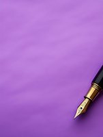 Elegant fountain pen nib with gold accents positioned in corner against vibrant purple background, creating minimalist composition for writing and creativity themes.