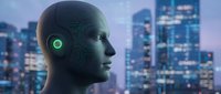 Futuristic AI robot head with glowing green circuits against modern city skyline at dusk. Artificial intelligence concept for technology presentations.