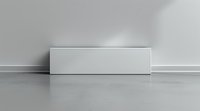 Minimalist white rectangular podium on reflective gray surface with soft lighting and clean lines. Modern display platform for product presentation.