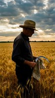 Senior farmer in straw hat standing in golden wheat field at sunset holding cloth bag during harvest season under dramatic cloudy sky for agricultural concepts.