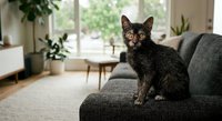 Young tortoiseshell cat sitting on gray sofa in modern living room with plants and natural light from window creating cozy domestic atmosphere.