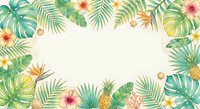 Tropical frame with palm leaves, hibiscus flowers, pineapples and exotic plants on light background. Summer vacation border for invitations and cards.