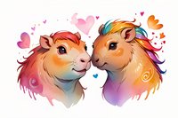 Adorable cartoon capybaras with rainbow-colored fur and magical fantasy styling, surrounded by heart shapes. Perfect for Valentine's cards, children's books or romantic designs.
