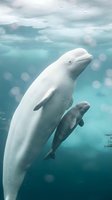 Beluga whale mother and calf swimming gracefully in arctic waters with sunlight filtering through ocean surface creating magical underwater scene.