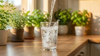 Pouring fresh sparkling water into glass with potted herbs on wooden kitchen counter, hydration and healthy lifestyle concept.