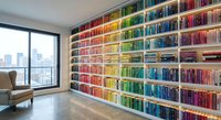 Modern home library with rainbow organized bookshelf wall featuring thousands of colorful books arranged by color spectrum in contemporary apartment interior.
