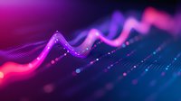Abstract digital wave visualization with vibrant pink and purple gradient flowing over deep blue background, featuring glowing particles and smooth curves for technology designs.