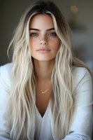 Young Caucasian woman with long platinum blonde hair and blue eyes wearing white blouse and delicate necklace, soft natural makeup look against blurred background.