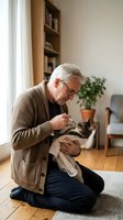 Senior Caucasian man in glasses and cardigan gently holding tabby cat in cozy living room with bookshelf and natural light for pet care and companionship.