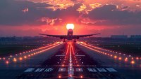 Commercial airplane taking off at sunset with dramatic orange sky, runway lights creating leading lines. Perfect for aviation, travel industry, and transportation themes.