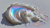 Creamy white cosmetic product with holographic rainbow effect and scattered glitter particles on light background, ideal for beauty advertising.